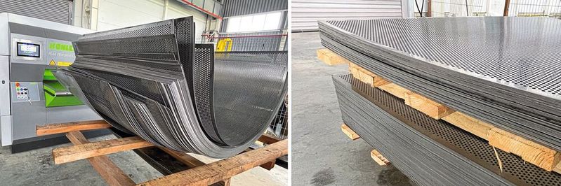 Wie sich das Blech beim Lochen verhält, weiß man vorher nie, Verwerfungen und Spannungen ergeben sich beinahe willkürlich. Das Richten ist unerlässlich, um ebene und nahezu spannungsfreie Bleche zu erhalten, die ohne manuelle Nachbearbeitung weiterverarbeitet werden können.  Links Lochbleche vor dem Richten, rechts nach dem Richten mit einem Peak Performer.(Bild:  Kohler)