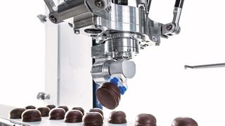 Der T5-Roboter verfügt über eine fünfte Achse, mit der sich Produkte schwenken und kippen lassen. (Bild: Schubert)