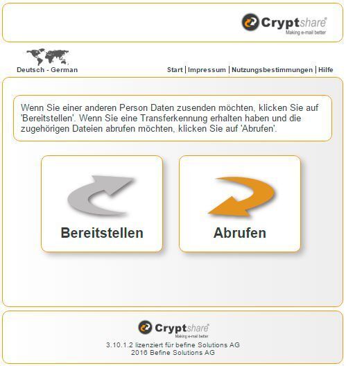 Cryptshare Web-Interface, hier: Startseite (Bild: befine Solutions AG)