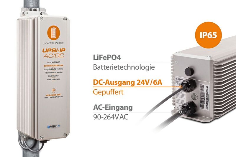 Die IP65-geschützte AC/DC-USV Bicker UPSI-2406IP-38AC nutzt als internen Energiespeicher LiFePO4-Batterietechnologie. Lithiumeisenphosphat überzeugt in sicherheitsrelevanten Anwendungen mit einer besonders stabilen Batteriechemie, einem weiten Temperaturbereich und einer langen Lebensdauer von bis zu 6000 Vollzyklen. (Bild: Bicker Elektronik/Vaisala/Adobe Stock Tobias Arhelger)