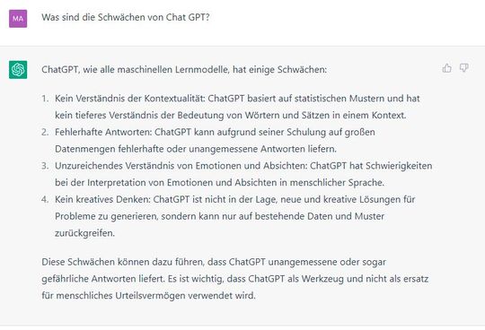 Welche Schwächen hat ChatGPT?(Bild:  ChatGPT)