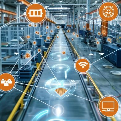 Großflächige oder stark wachsende IoT-Szenarien in der Fabrikautomatisierung sind mit konventioneller Verkabelung oft nur mit erheblichem Infrastrukturaufwand umsetzbar. Funktechnologien können ergänzend und sinnvoll eingesetzt großen Mehrwert bieten. (Bild: © JK_kyoto – stock.adobe.com / KI-generiert)