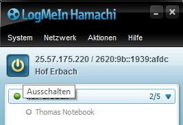 Abbildung 1: Der Client für Hamachi wird durch einen Schalter ein- und ausgeschaltet. Dadurch erhält er eine öffentliche IP-Adresse und ist im Internet verfügbar. (Bild: Joos)