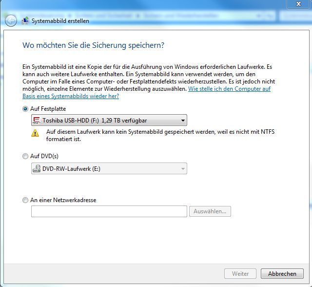 Die verwendet Festplatte muss mit NTFS formatiert sein. Im Bild ist sie das nicht. Dies holen wir nun nach... (Archiv: Vogel Business Media)