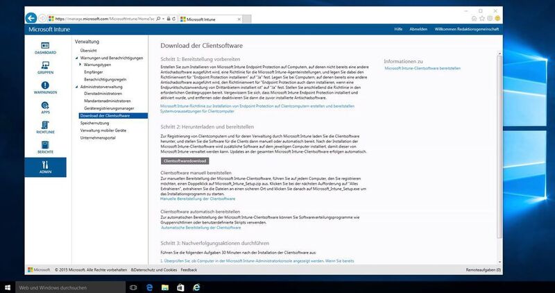 Herunterladen der Client-Software: Damit Intune die Systeme verwalten kann, muss die entsprechende Client-Software darauf installiert sein. (Bild: Schlede/Bär)