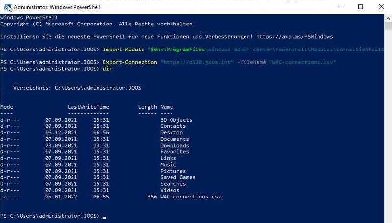 Die Verbindungen des Windows Admin Centers in der PowerShell exportieren. (Microsoft / Joos)
