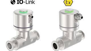 Zwei Neuheiten für Typ 8098 FLOWave S: Die IO-Link-Variante (links) unterscheidet sich optisch nicht von den bereits verfügbaren FLOWaves, die HazLoc-Variante (rechts) zeigt die spezielle Steckverbindung. (Bild: Bürkert Fluid Control Systems)