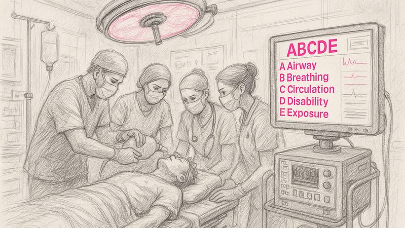 Die im Projekt zu entwickelnde  KI soll die Gespräche im Notfall-Eingriffsraum erfassen, Befunde und Maßnahmen identifizieren und daraus fortlaufend ein Live-Bild in Ampellogik nach dem ABCDE-Schema erstellen.(Bild:  © Bild erstellt mit GPT-5 / Fraunhofer IAIS)
