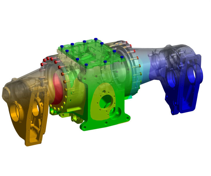 Komplexe Flanschgeometrie eines verschraubten Traktorgetriebes mit im CAD-System modellierten Schrauben. (Bild: Cadfem)