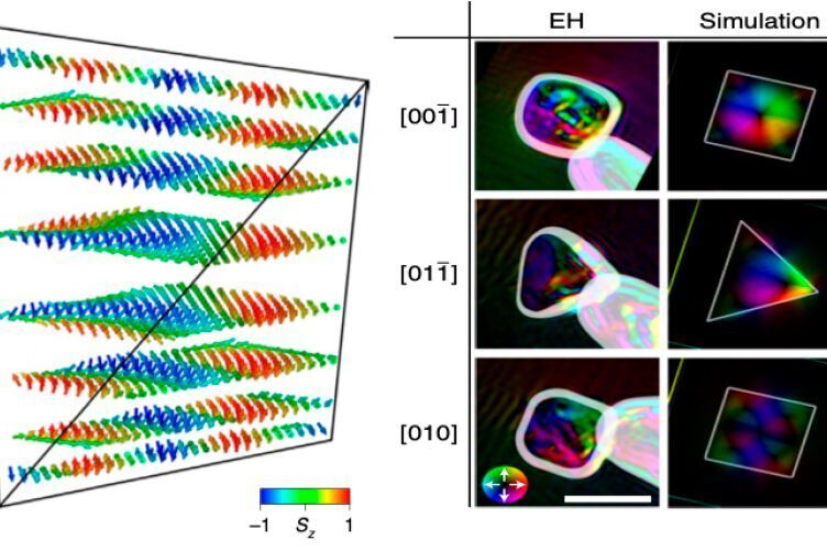 Graphical representations of the distribution of magnetic field in the sample (left) and theoretical simulations that reproduce experimental results (right). (University of New Hampshire)