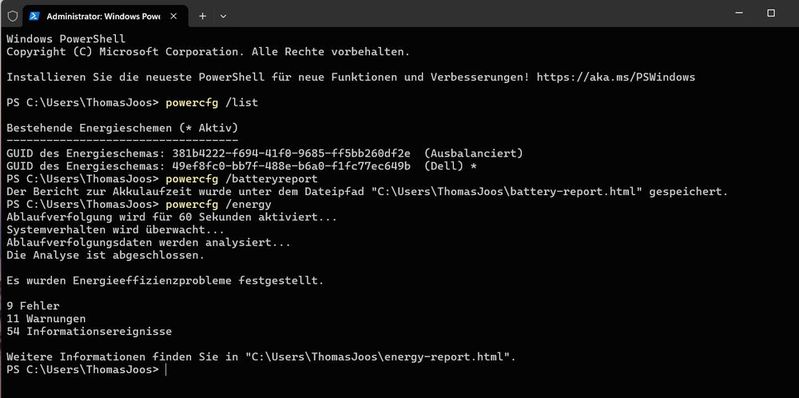 „Powercfg“ ermöglicht die Kontrolle über Energieeinstellungen in Windows(Bild:  Thomas Joos)