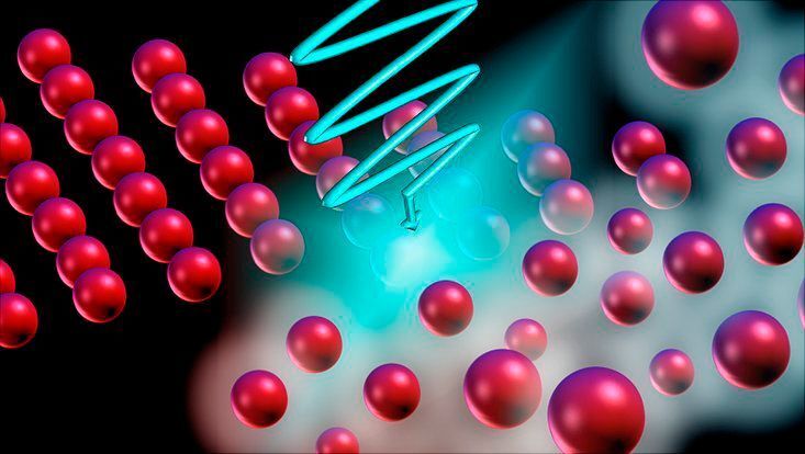 Durch die Bestrahlung der Quantenmaterie mit Licht, das in seiner Frequenz variiert, wird die die kristalline Ordnung unterdrückt und ein Suprafluid entsteht. (UHH/Mathey group)