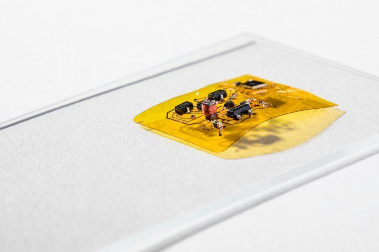 RoboFly: Um das Roboter-Insekt drahtlos zu machen, entwickelten die Ingenieure eine flexible Schaltung (gelb) mit einem Boost-Konverter (Kupferspule und Blackboxen links), der die von der Photovoltaikzelle kommenden sieben Volt auf die für den Flug benötigten 240 Volt erhöht. Diese Schaltung hat auch ein Mikrocontroller-Gehirn (schwarze quadratische Box oben rechts), mit dem RoboFly seine Flügel steuern kann. (Mark Stone/University of Washington)