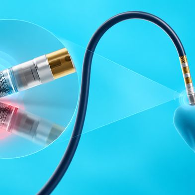 TactiFlex Duo kann über dieselbe Katheterspitze Pulsfeld- und Hochfrequenzenergie abgeben. Die Abbildung zeigt den Katheter, die vergrößerte distale Spitze und beide Energiepfade. (Bild: Abbott, Produktseite TactiFlex Duo; redaktionelle Montage/Visualisierung auf Grundlage der Herstellerabbildungen)
