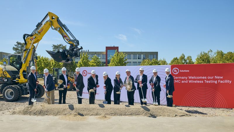 Celebrating UL Solutions’ continued expansion and investment in Germany, President and CEO Jennifer Scanlon, EVP and CFO Ryan Robinson and other UL Solutions leaders are joined by Dirk Gene Hagelstein, mayor of Neu-Isenburg and Oliver Quilling, district administrator of the District of Offenbach, to mark the groundbreaking of the company’s new testing laboratory, due to open mid-2027.(Source:  UL Solutions)