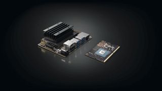 Jetson-Nano-Familie von Nvidia: KI-Entwicklerplatine samt Jetson-Nano-Modul und Kühlkörper (links) sowie das Jetson-Nano-Modul solo.  (Bild: Nvidia)