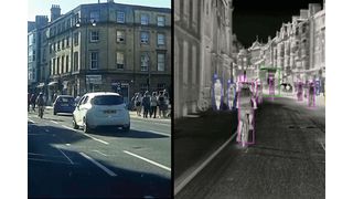 Die Objekterkennung des Wärmesensors (rechts) ist bei schlechten Lichtverhältnissen deutlich besser als die einer Kamera (links). (Adasky)