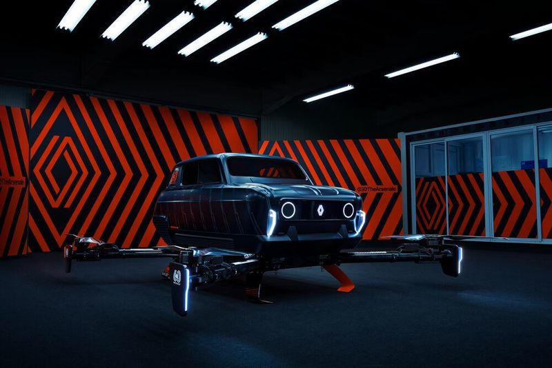 Der R4 als Quadrokopter: Zum 60. Geburtstag geht die Legende auf Rädern nun in die Luft. Mit dem AIR4 hat Renault gemeinsam mit dem Designzentrum TheArsenale ein futuristisches Showcar geschaffen, das statt auf Reifen auf vier Doppelpropeller setzt.  (Renault)