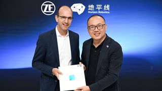 ZF and Horizon Robotics announced a collaboration to launch an advanced driver assistance system (ADAS) for the Chinese market supporting up to SAE Level 3 of automated driving and China’s urban “Navigation on Autopilot” (NOA). Pictured: Dr. Christian Brenneke, head of ZF’s Electronics & ADAS division, and Dr. Yu Kai, Founder & CEO of Horizon Robotics. (Image: ZF)