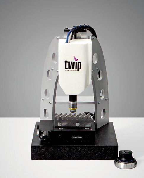 Messstation auf Basis des optischen 3D-Messgeräts Consigno. Aufgrund des Messvolumens von  20 mm besteht ausreichend Flexibilität, um unterschiedlichste Taster messen zu können. (Bild: Twip)