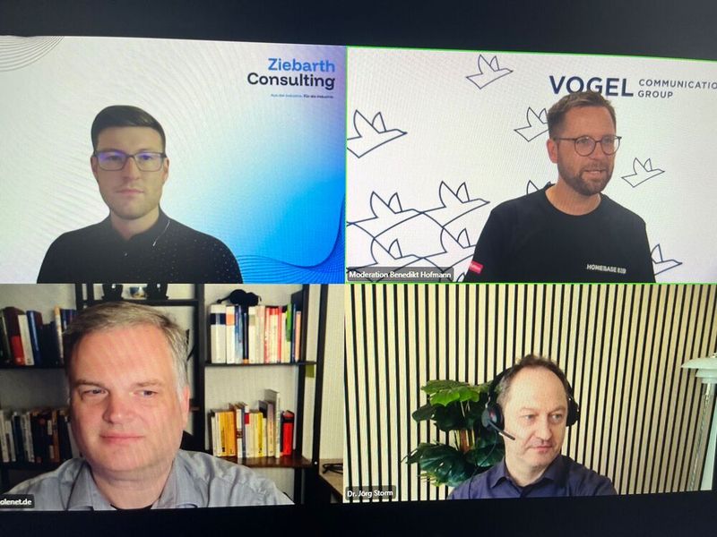 In der Live-Session künstliche Intelligenz ging es um Anwendungsbeispiele, Selbsttäuschung und Changemanagement. Julian Ziebarth, Geschäftsführer Ziebarth Consulting (l.o.), Fabian Biebl , Agile Coach Colenet (l.u.), und Dr. Jörg Storm, CEO Dr. Storm Advisory (r.u.), sprachen mit Benedikt Hofmann, Chefredakteur MM-Gruppe, über die Trends der Industrial AI Ära. (Bild: Vogel Communications Group GmbH & Co. KG)