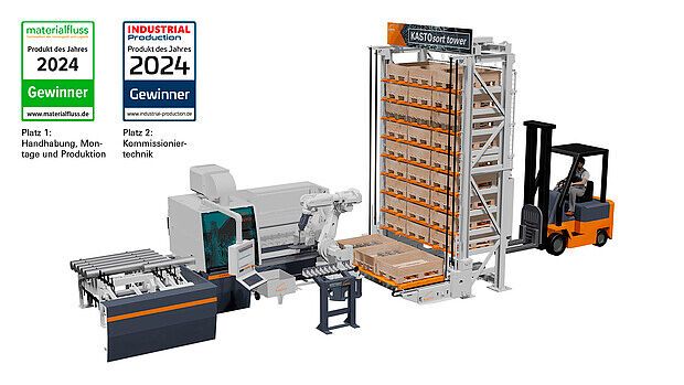 Der Kastosort Tower von Kasto wird auf der EMO 2025 auch eine Rolle spielen. Er dient zur automatisierten Anarbeitung des Sägegutes inklusive Absortierung im 24/7-Betrieb. (Bild: Kasto)