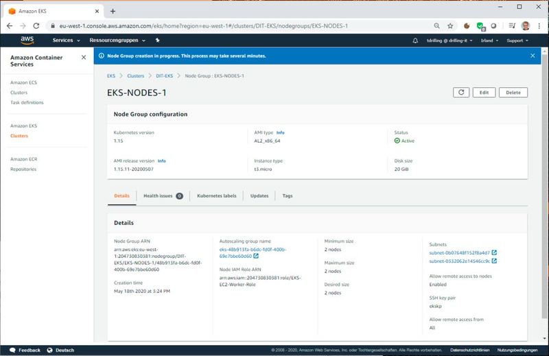 Jetzt muss man warten, bis diese den Status „Ready“ erlangen. Man kann sich den gegenwärtigen Status der Knoten aber auch jederzeit an der CLI mit  dem Befehl „kubectl get nodes -watch“ ansehen. (Bild: Drilling / AWS)