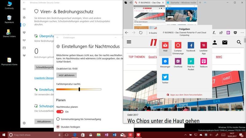 Windows hat nun einen eigenen Nachtmodus mit angepasster Hintergrundbeleuchtung und der Edge eine Tab-Vorschau, die dauerhaft sichtbar bleiben kann. Auch der Dialog für das Teilen von Inhalten hat sich verändert. (Vogel IT-Medien)