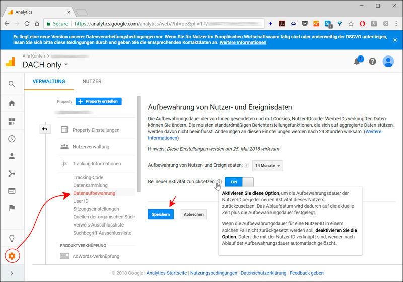 Datenaufbewahrung bei neuer Aktivität des Nutzers zurücksetzen: Die Aufbewahrungsdauer der Nutzer-ID lässt sich bei jeder neuen Interaktion zurücksetzen. Das Ablaufdatum wird in diesem Fall bei jeder Benutzerinteraktion um die Aufbewahrungsdauer verlängert. Ansonsten löscht Google sämtliche Daten, die mit der Nutzer-ID verbunden sind, nach Ablauf der eingestellten Aufbewahrungszeit (im Beispiel 14 Monate).  (Martins/Kobylinska)