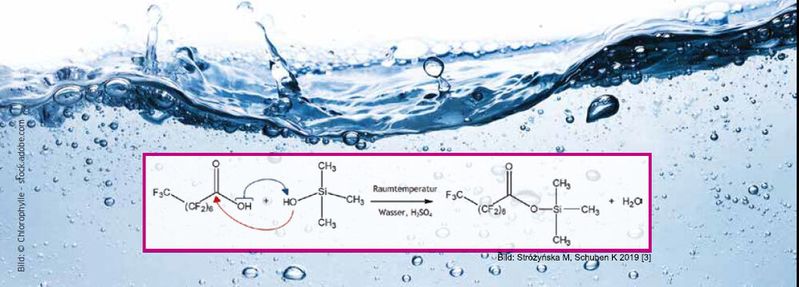 Fig. 1: Derivazione del PFOA con trietilsilanolo in condizioni acide [3].(Immagine: © Chlorophylle - stock.adobe.com, formula: Stróżyńska M, Schuhen K 2019 [3])