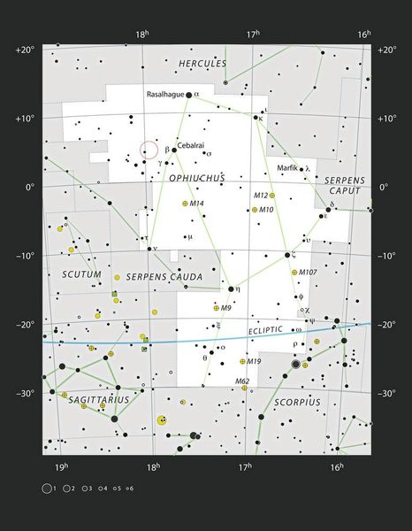 Diese Abbildung zeigt das Sternbild Ophiuchus (der Schlangenträger), das sich über den Himmelsäquator erstreckt. Die Grafik zeigt die Position von Barnards Stern und stellt die meisten Sterne dar, die für das bloße Auge in einer klaren, dunklen Nacht sichtbar sind. (ESO, IAU and Sky & Telescope)