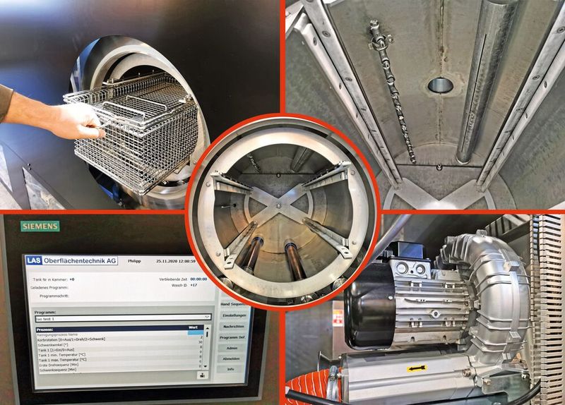 Details der neuen Anlage: Einsetzen der auf Wunsch individuell gestalteten Körbe (o. l.), Spritz- und Warmluft-Trocknungsdüsen (o. r.), moderne Siemens-Steuerung (u. l.), Hochleistungsventilator für die Trocknung (u. r.). In der Mitte die Reinigungskammer mit den Ultraschall-Stabschwingern. (Bild: Vollrath)