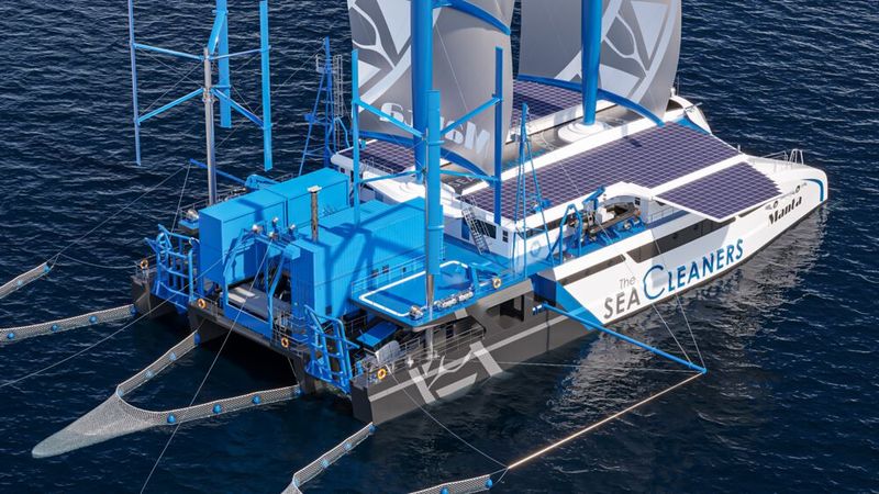 Der Katamaran bewegt sich dabei nicht allein durch den Einsatz der Segel. Die Stromversorgung erfolgt über zwei Windturbinen, zwei Wasserkraftgeneratoren und Photovoltaik-Solarpaneele. (Bild: The SeaCleaners)
