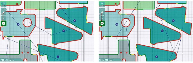 Die Simulation zeigt die mit «TiltPrevention» optimierten Schneidabläufe, die der Laser ohne das Risiko einer Kollision mit gekippten Blechteilen abfährt (links). Dagegen kann es ohne die Assistenzfunktion Einstiche in kritischen Bereichen (rot) und für den Laser riskante Fahrwege geben (rechts). (Bild: Bystronic)