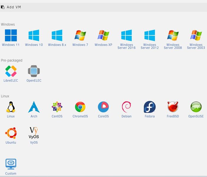 Die VM-Auswahl zeigt vorbereitete Templates für verschiedene Betriebssysteme und ermöglicht die schnelle Erstellung virtueller Maschinen. (Bild: Joos – Lime Technology)
