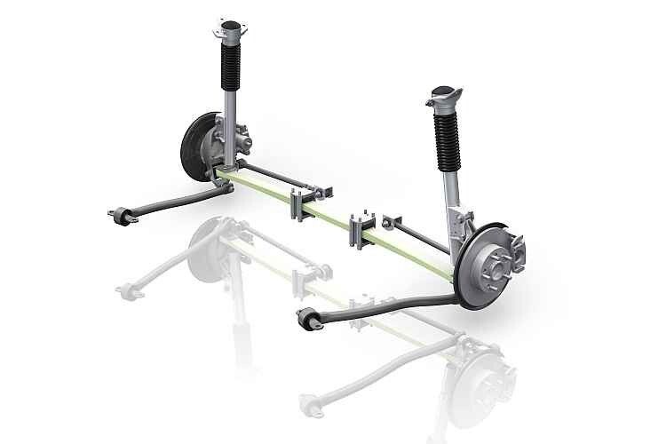 Die Leichtbauachse von ZF verwendet als zentrales Bauteil eine Querblattfeder aus glasfaserverstärktem Kunststoff. (Foto: ZF)