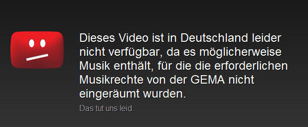 Die wohl bekannteste Ländersperre in Deutschland: Youtube verweigert bei Clips großer Entertainment-Konzerne vorsorglich den Dienst wegen der unsicheren Rechtslage in Sachen Urheberrecht respektive möglichen Verwertungsrechten, gefordert durch die GEMA. (Screenshot: Youtube)