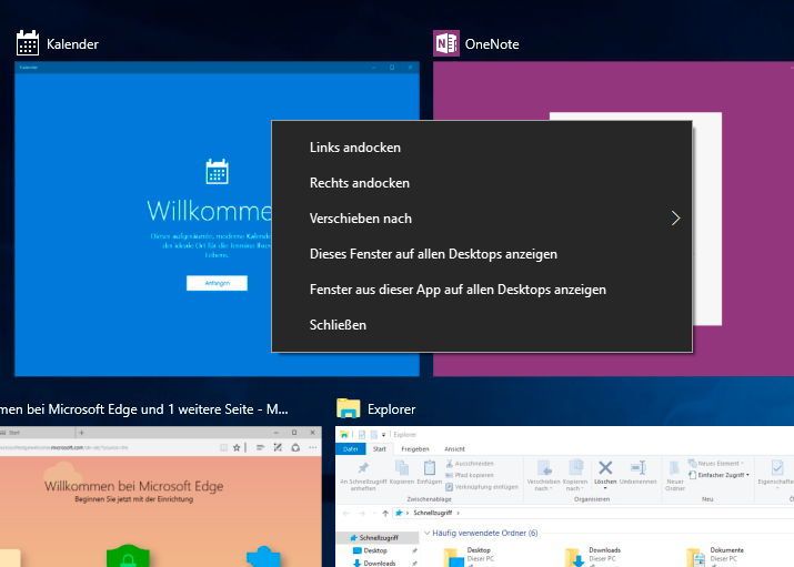 Über das Kontextmenü von Apps lassen sich diese verschiedenen virtuellen Desktops zuordnen, oder auch an den Desktop anheften. Die Tastenkombination Win+Tab muss dazu nicht festgehalten werden. (Joos / Microsoft)