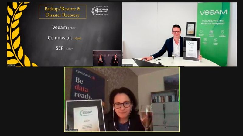 Über die Awards in der Kategorie „Backup/Restore & Disaster Recovery“ konnten sich Veeam (Platin, vertreten durch Boris Urban, o.r.), Commvault (Gold, vertreten durch Elke Steinegger, u.) und SEP (Silber) freuen. (Bild: Vogel IT-Medien)