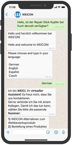 Der B2B-WhatsApp-Service des Klebstoff-Spezialisten WEICON, der durch einen Chatbot unterstützt wird. (Bild: MessengerPeople)