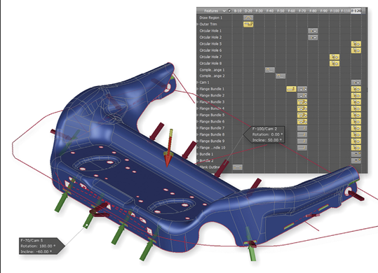 (In den verschiedenen Fertigungsoperationen – im vorliegenden Fall sind es zwölf Formoperationen – führt der CostEstimator mit Bauteilfeatures selbsttätig Verfeinerungen aus. Bild: Adient/AutoForm)