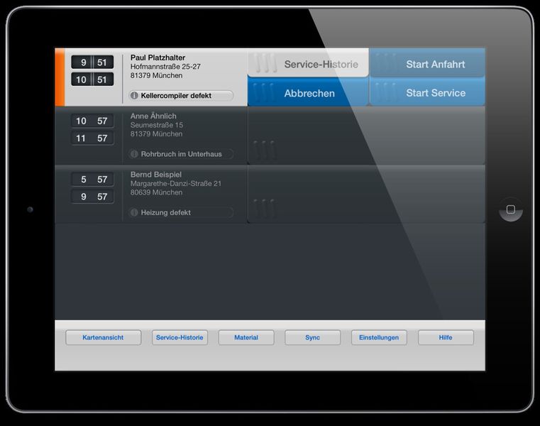 Die Tagesansicht der Tablet-App Jords hilft Außendienstmitarbeitern die Aufträge des Tages zu disponieren. (Bild: E-Mundo)