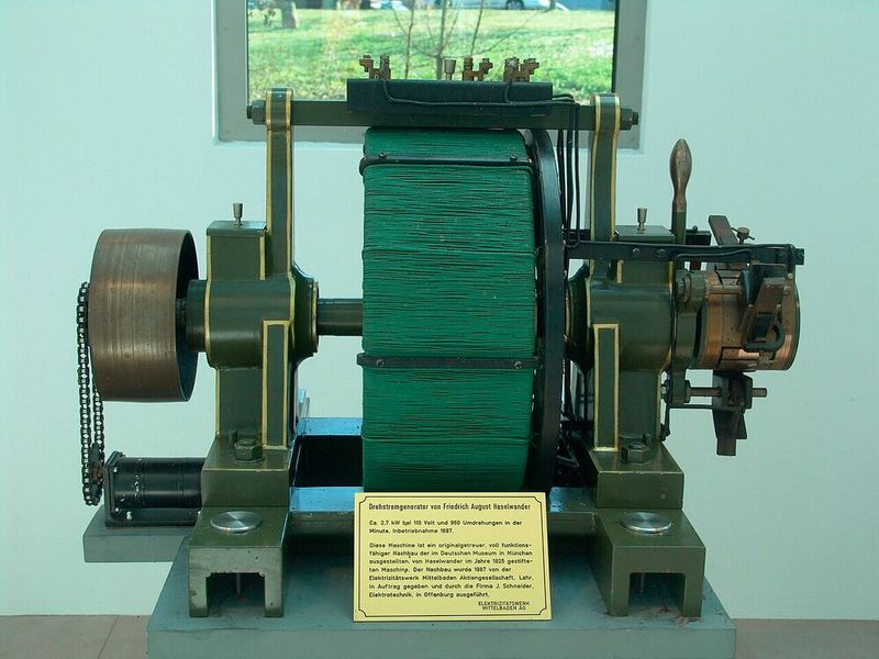 Ein Nachbau des ersten dreiphasigen Synchrongenerators, der 1887 von Friedrich August Haselwander konstruiert wurde. (Bild: Haselwander Generator Lahr / Bigbratze / CC BY-SA / Wikimedia Commons)