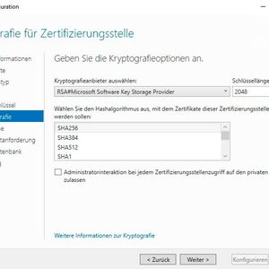 Bei der Neuinstallation einer CA lassen sich Hashalgorithmus und Kryptografieanbieter steuern.(Bild:  Microsoft / Joos)