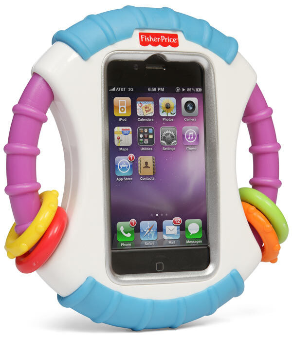 Schon die Allerkleinesten spielen gern mit dem iPhone: Damit das mit den kleinen Händchen leichter geht, gibt es das Laugh and Learn Baby iPhone Case.