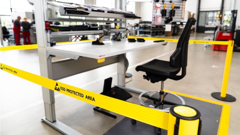 Setting up an Electrostatic Protected Area (EPA) is a basic requirement in ESD safety. Strict access restrictions apply to this clearly marked-out area. (Source:  item)