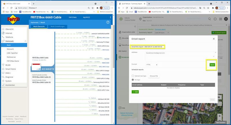 Summary Report, Zustands-Bericht und Zusammenfassung zu den WLAN Access Points in der Site Munich. Direkt in der Cloud. Und wer der Nonstop-Verfügbarkeit der Cloud nicht traut, kann sich solche Reports auch per E-Mail schicken lassen: Wir klicken mal auf Send! (HARALD KARCHER)