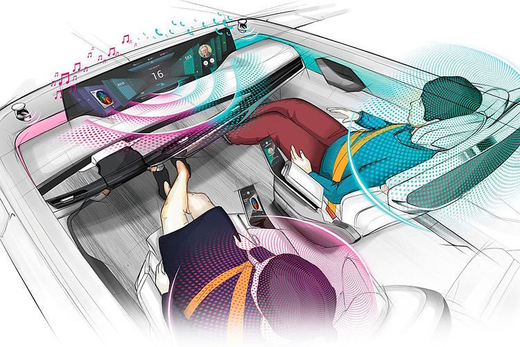 Faurecia hat innovative Technologien und Software-Algorithmen integriert, um individuelle Schallblasen zu erzeugen. So können sich die Insassen unterschiedliche Inhalte anhören oder einen Telefonanruf erhalten, ohne gegenseitig mitzuhören. Spezielle Soundoberflächen erzeugen einen direkten Rundumklang, sodass sich nach eigenen Angaben jegliche Lautsprecher erübrigen.  (Faurecia)