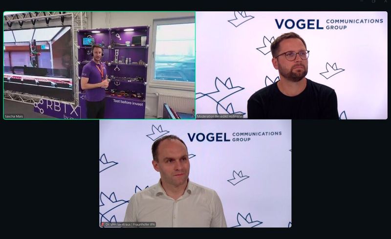 In der Live-Session humanoide Robotik gingen die Experten Dr. Werner Kraus, Forschungsbereichsleiter Automatisierung und Robotik des Fraunhofer IPAs (unten) und Sascha Mais, Leiter Vertrieb International bei Igus (o.l), gemeinsam mit Benedikt Hofmann, Chefredakteur MM-Gruppe, der Frage nach, ob die Realität dem Marketing-Hype um humanoide Roboter tatsächlich gerecht wird. (Bild: Vogel Communications Group GmbH & Co. KG)