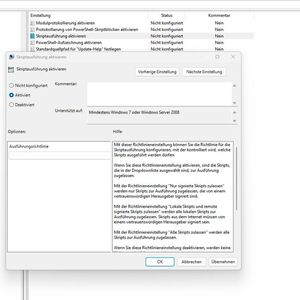 Konfigurieren der Ausführungsrichtlinien für die PowerShell in den Gruppenrichtlinien.(Bild:  Joos)